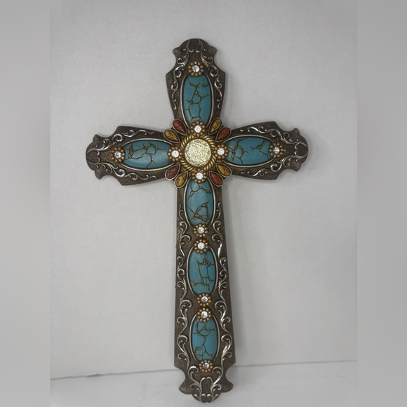 unbranded Other - Turquoise Wall Cross Rhinestones Antique Silver Tone  18".